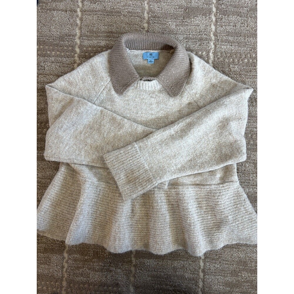 CeCe Womens XL NWT Oatmeal Peplum Sweater Contrast Collar Long Sleeve Pullover